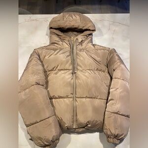 Tan Puffer Jacket with Hood